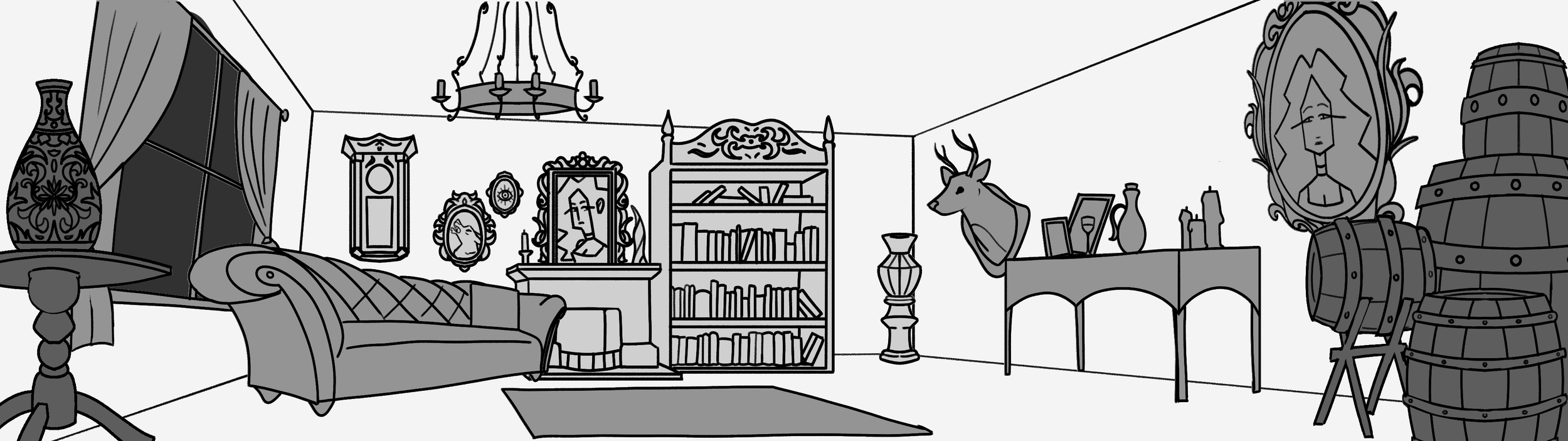 A black-and-white drawing of a vintage living room with a sofa, bookshelf, fireplace, deer head, portrait mirror, and vintage train model.
