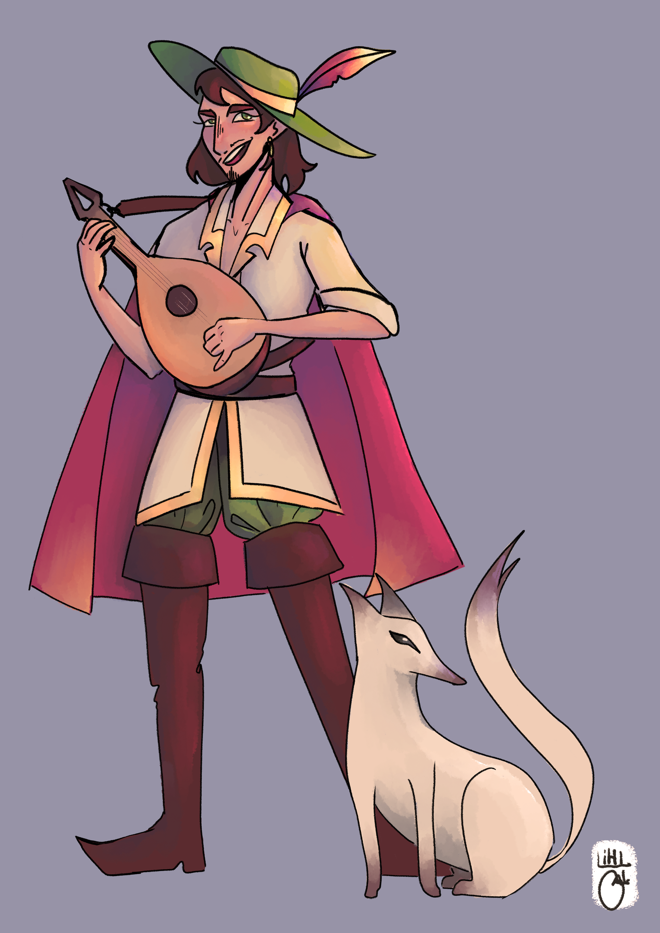 Cartoon-style wizard with a feathered hat, holding a lute, accompanied by a cream-colored fox in front of a plain background.