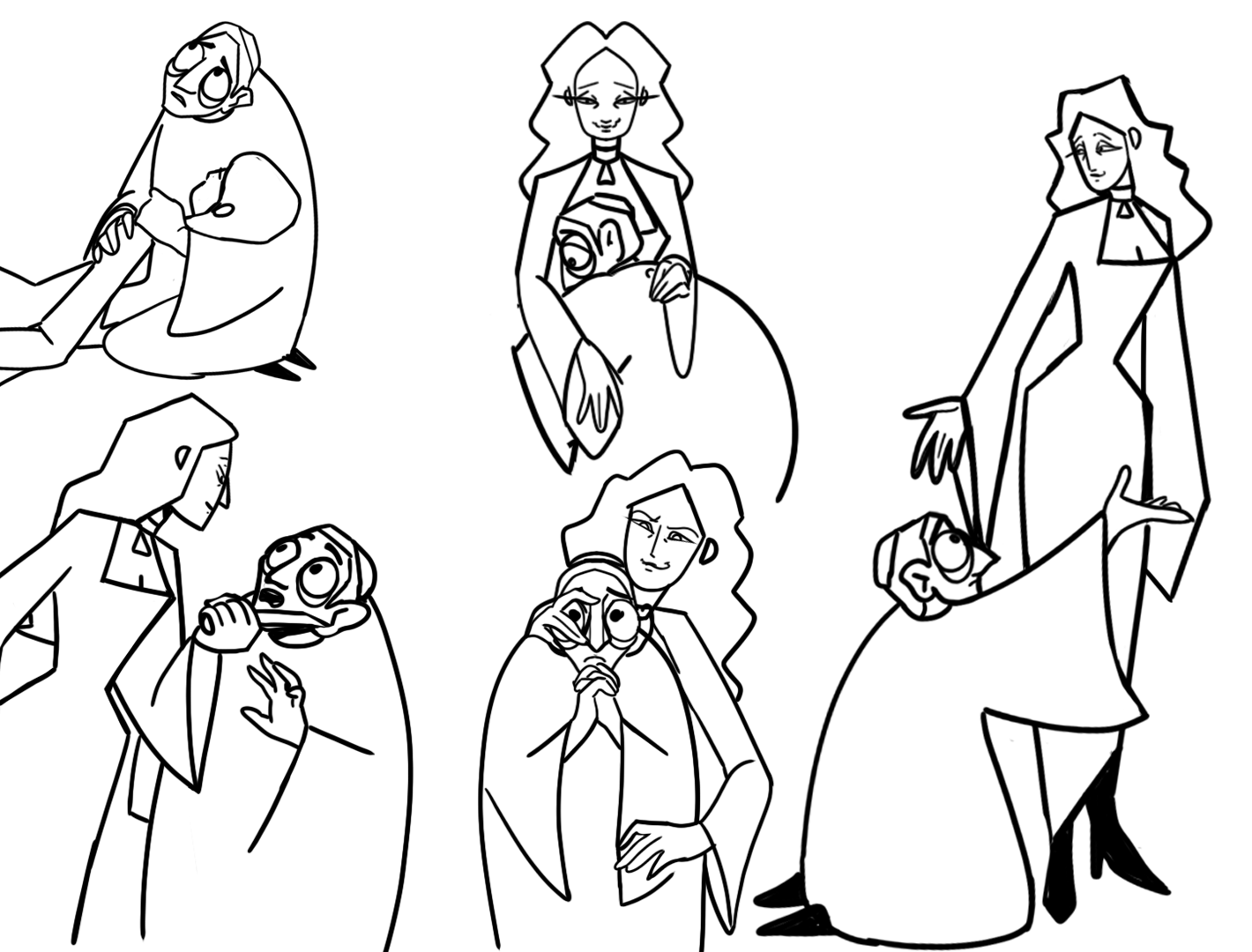 Black and white line drawing of several women, some with long hair, holding and interacting with a small, cartoonish dog.