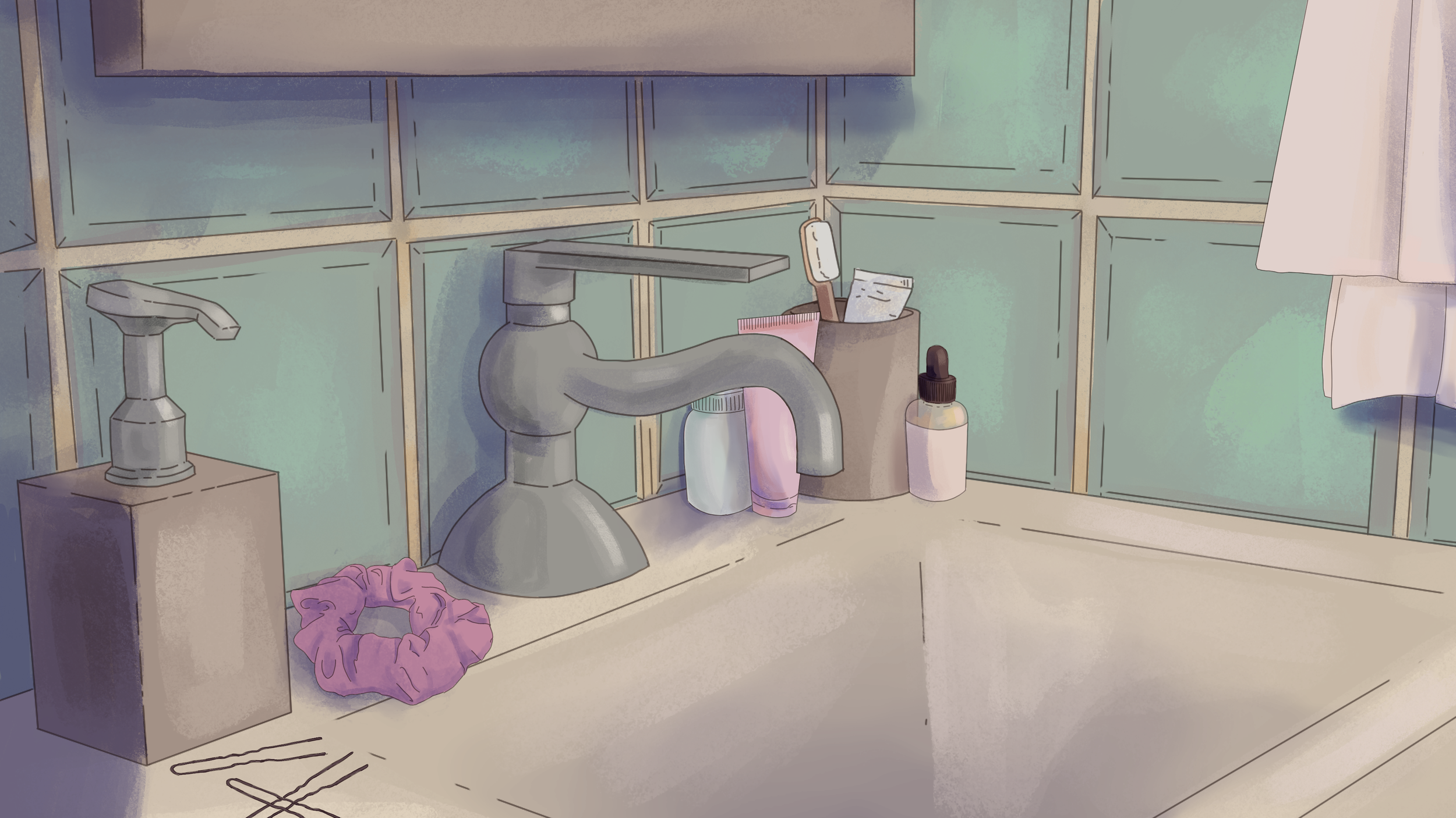 A bathroom sink counter with a gray faucet, a pink towel, various bottles, and containers, with green tiled walls and a white towel hanging on the right.