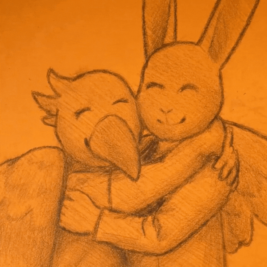 A pencil sketch of a cheerful bird and a happy rabbit embracing each other.
