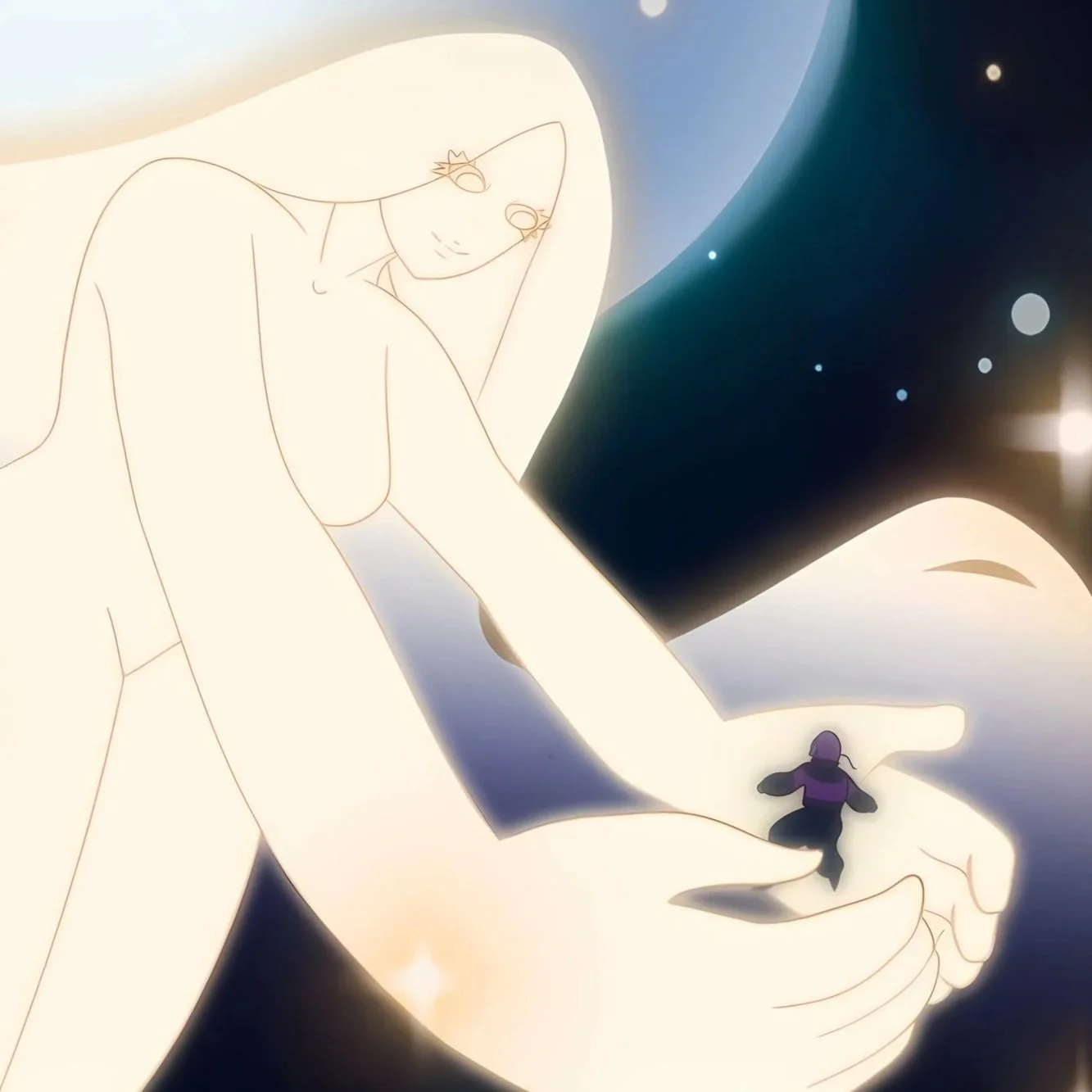 A large angelic figure with a thin, delicate outline holds a tiny person in her hand against a cosmic background with stars.