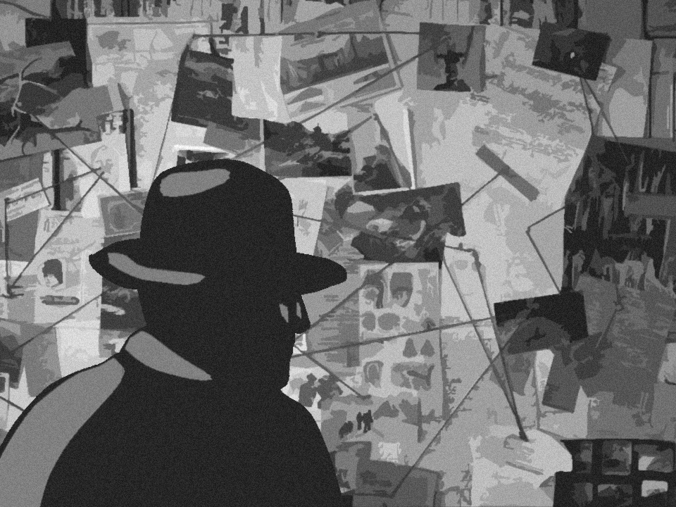 A silhouette of a man wearing a hat, looking at a wall covered with multiple photographs and notes connected by string.