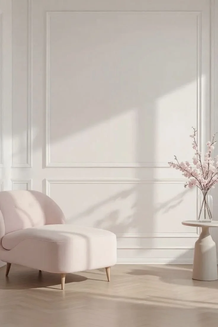 A minimalist room with a pink cushioned chair, a small round side table, and a vase with pink cherry blossom branches, with sunlight casting shadows on the white paneled wall, giving a calm luxury atomosphere.