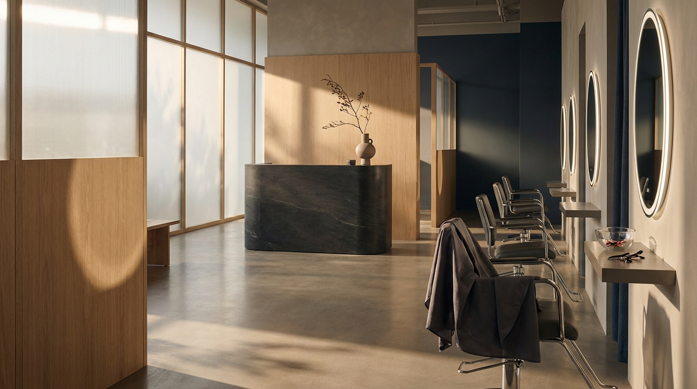 Empty modern salon with four styling chairs facing mirrors, towels on chairs, a reception desk with a vase holding branches, and large elegant frosted windows