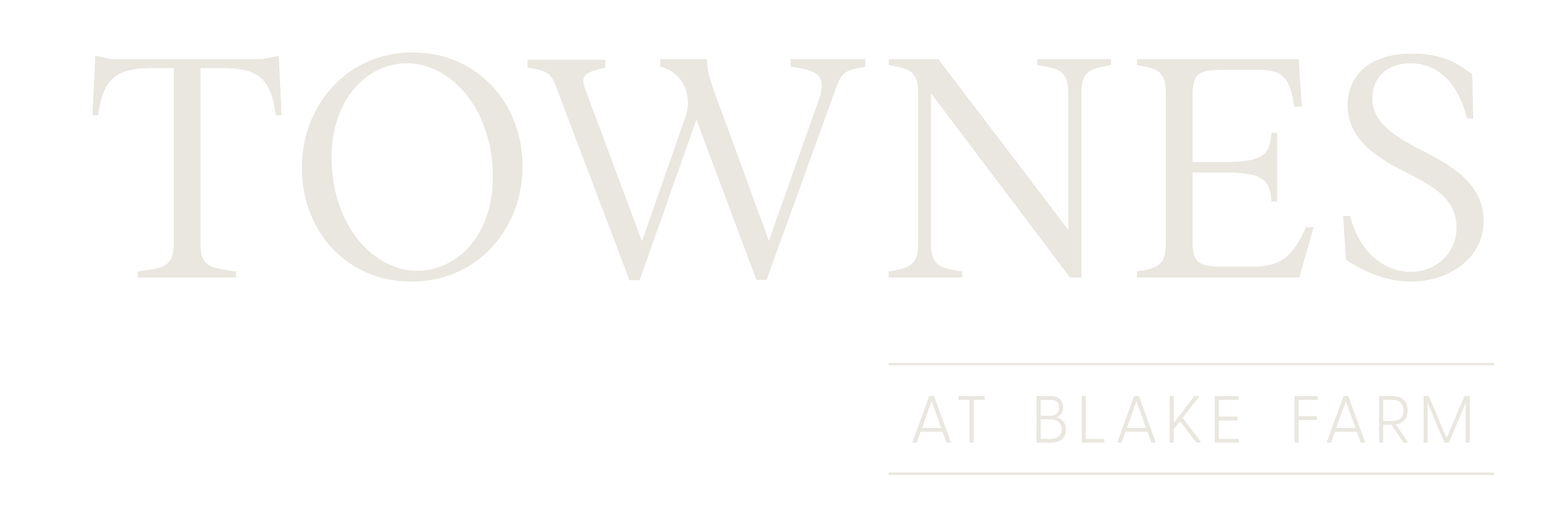 Logo for Townes at Blake Farm in gray text with a black background.