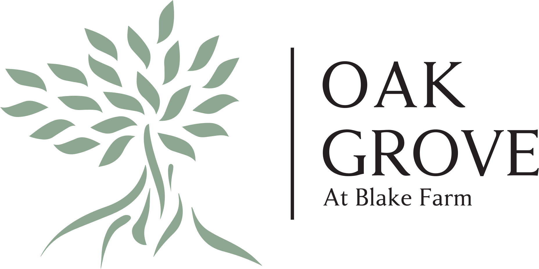 Logo of Oak Grove at Blake Farm featuring a stylized oak tree with light green leaves and black trunk, with the text to the right reading "Oak Grove at Blake Farm."