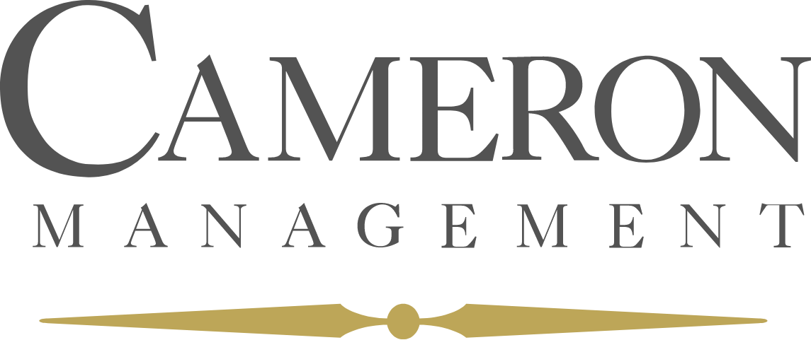 Cameron Management logo with black text and gold arrow element beneath.