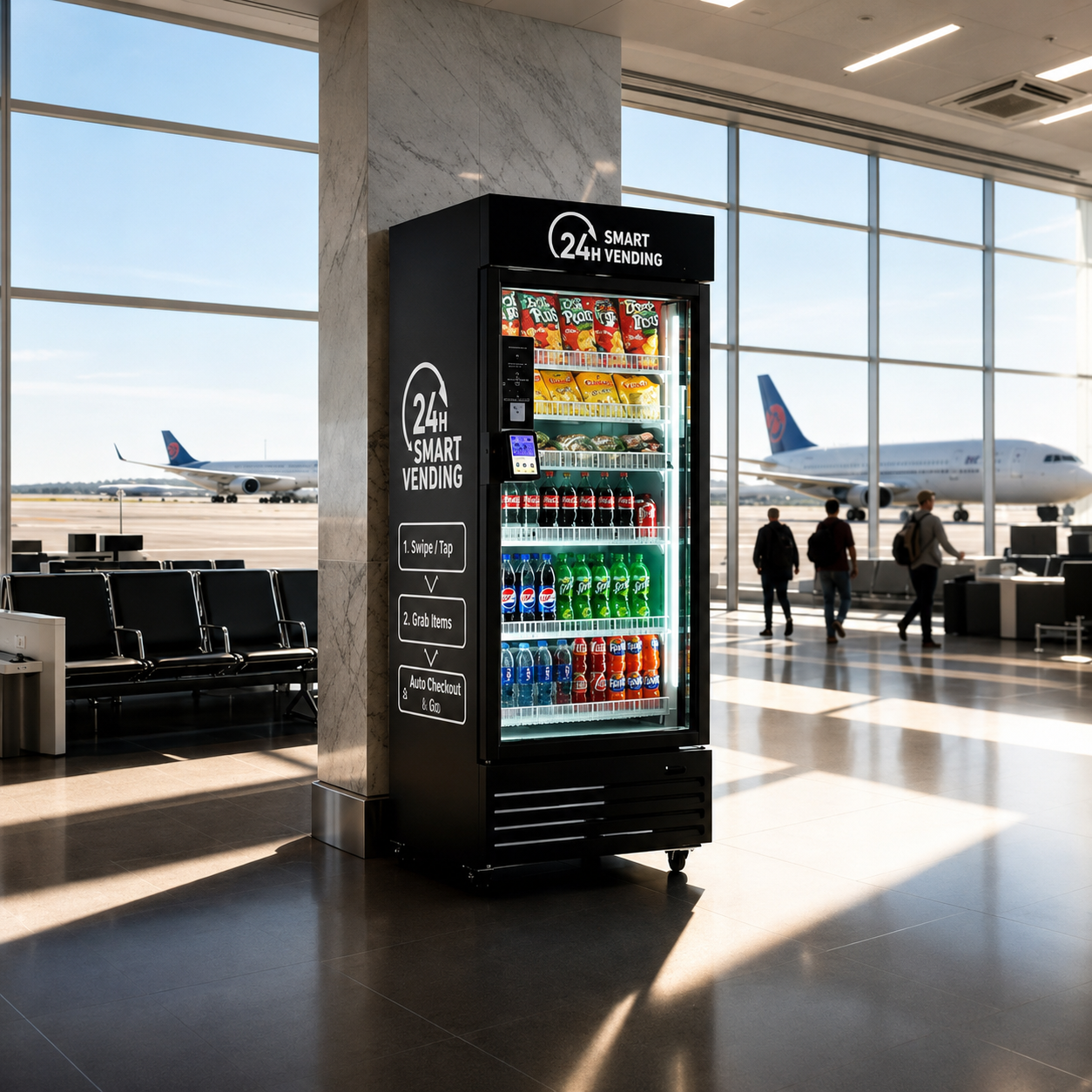 A vending machine with snacks and beverages at an airport, with planes visible through large windows in the background and passengers walking past.