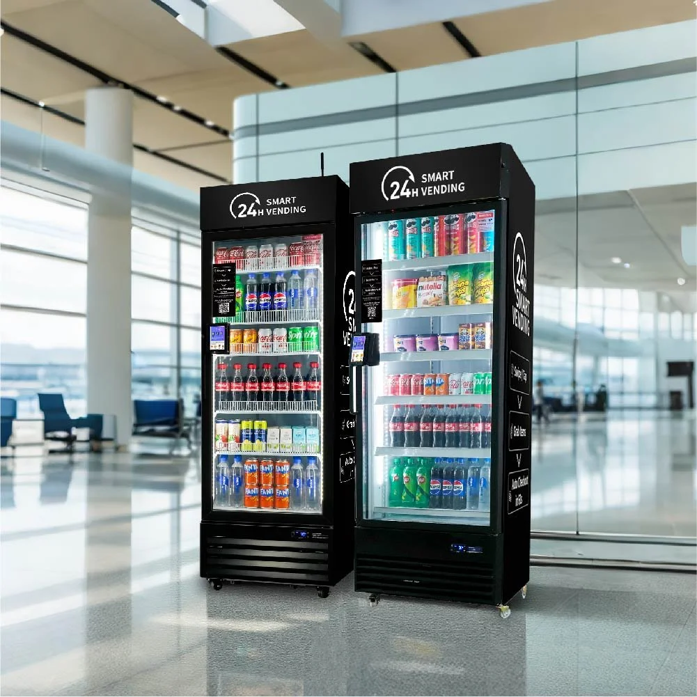 Two black vending machines in an airport, filled with drinks like soda and bottled water, against a modern glass interior with natural light.