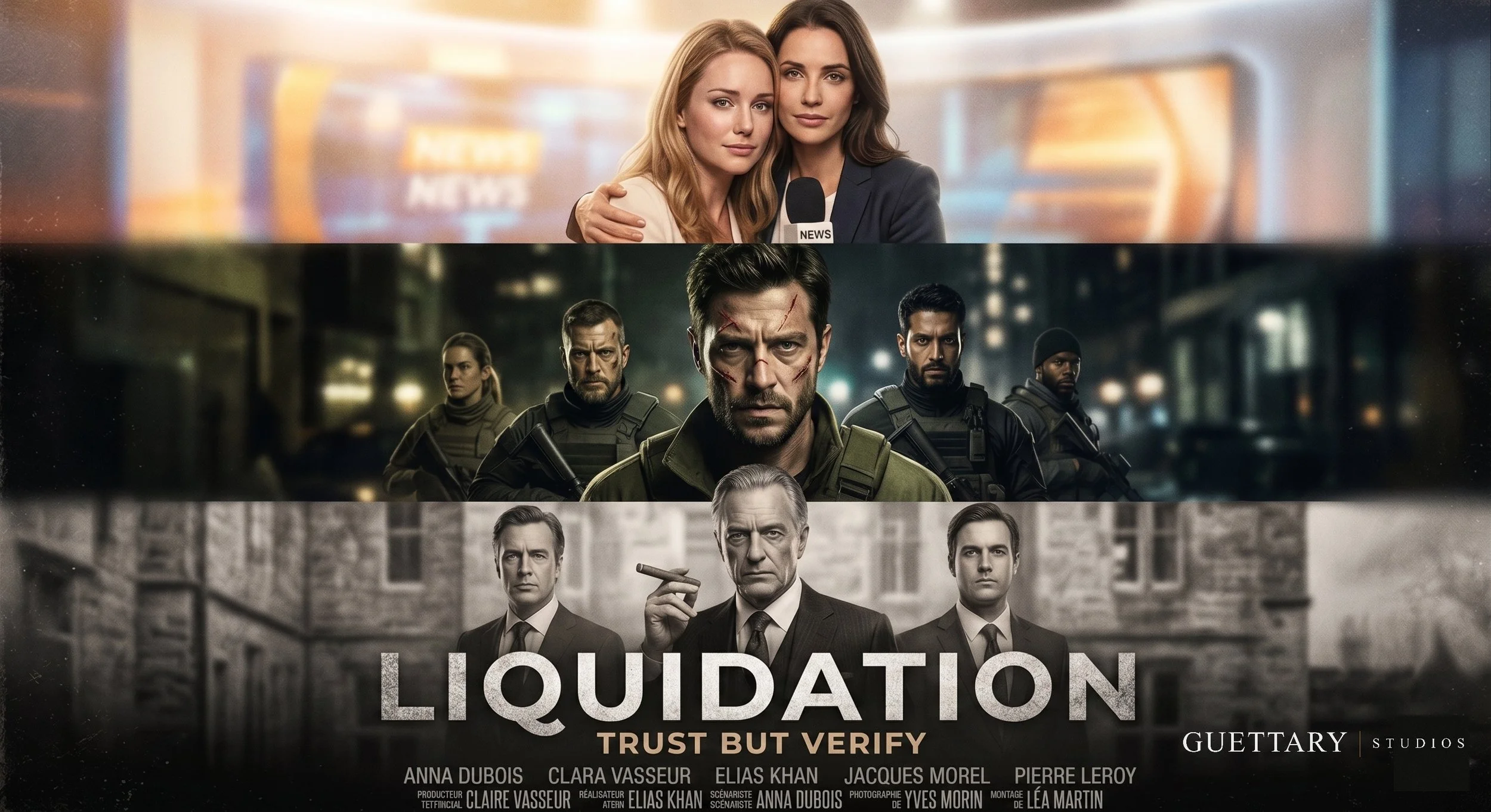 Promotional poster for the movie 'Liquidation' featuring characters representing the three categories of people in the story: the good, the bad, and those in between