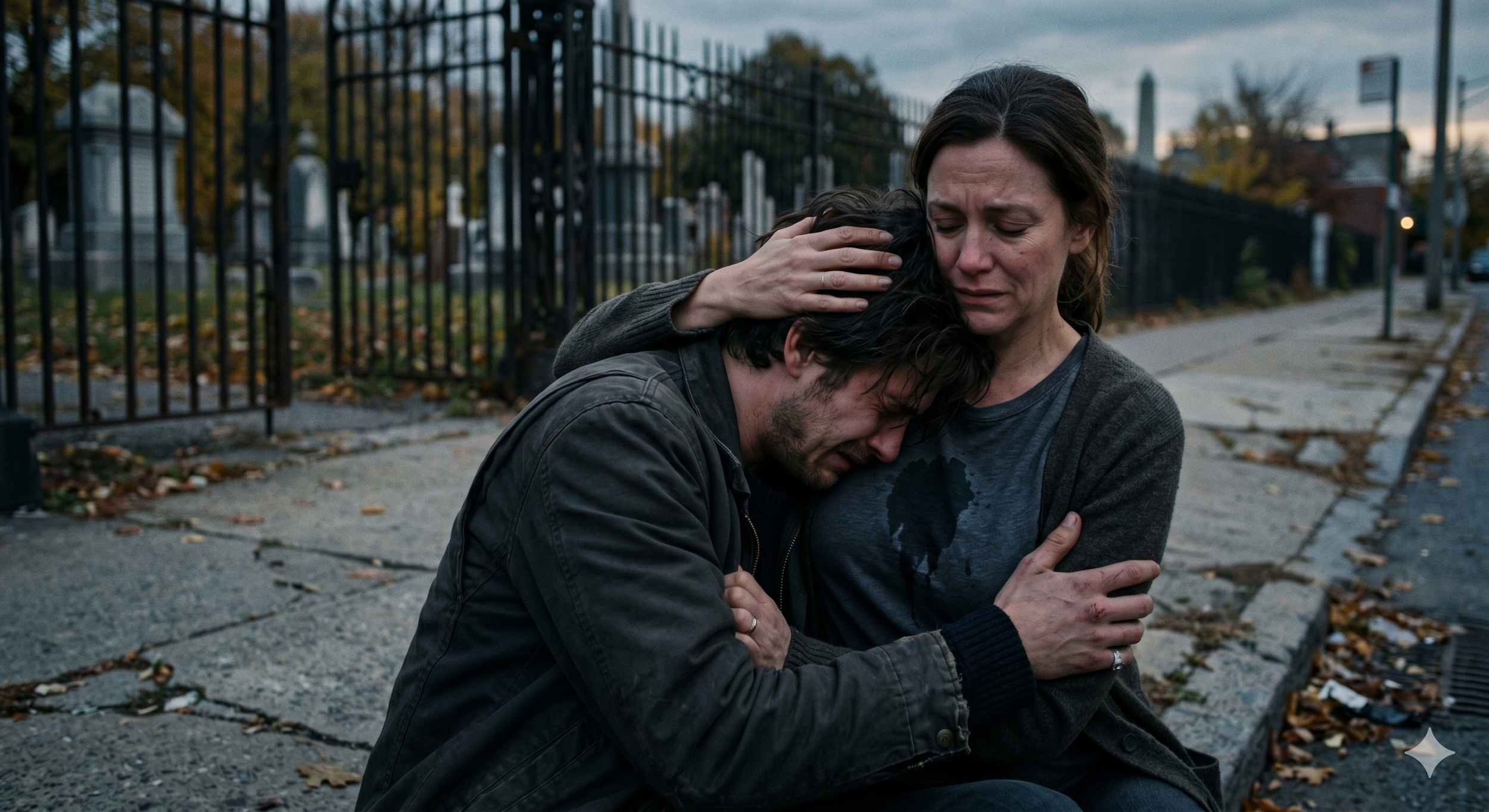 A man and a woman sit on a city sidewalk mourning, hugging each other with expressions of sadness. Fallen leaves and a black fence are visible in the background.