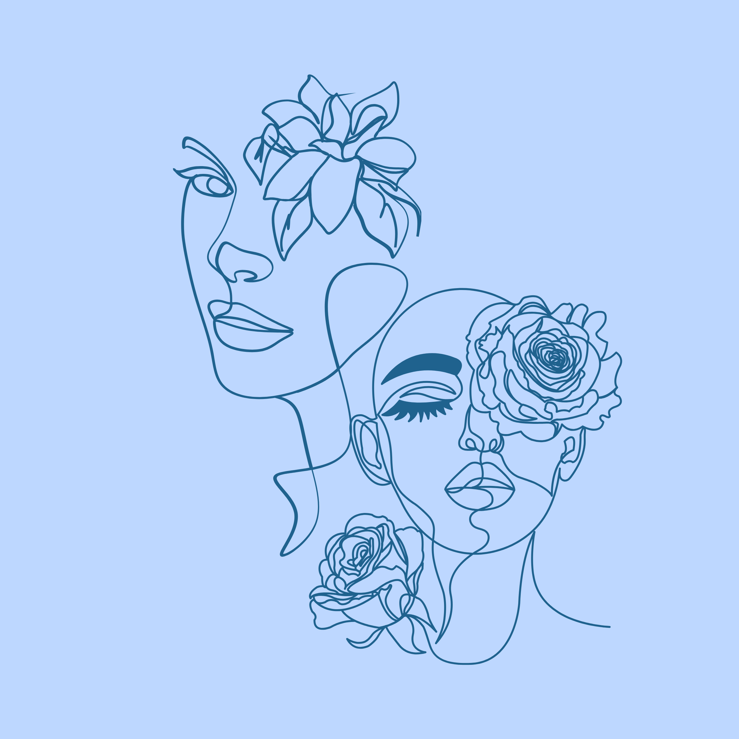 A blue line drawing of a woman's face with closed eyes surrounded by roses and floral elements, set against a light blue background.