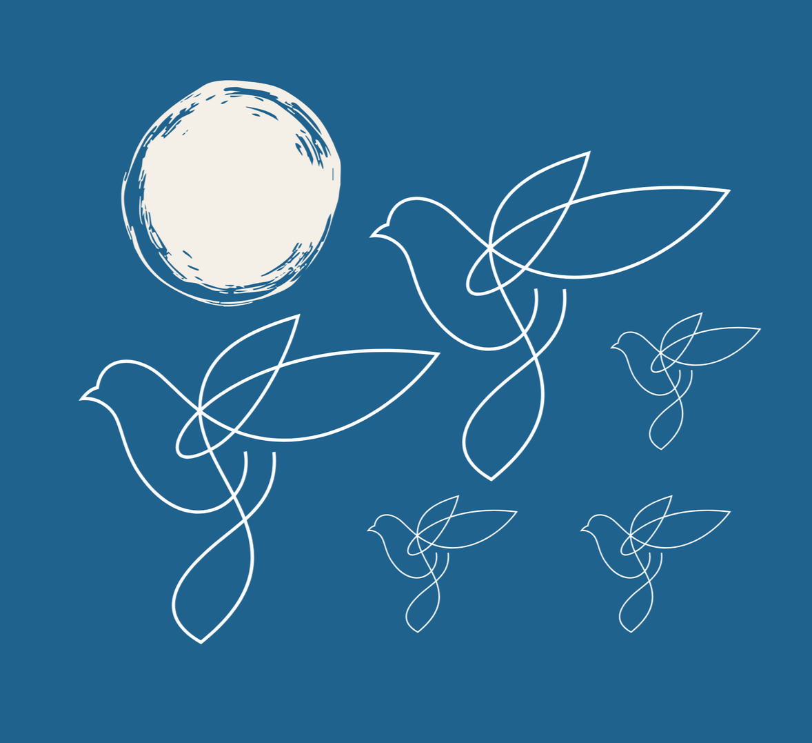 Line art drawing of five birds flying near the moon against a dark blue background.