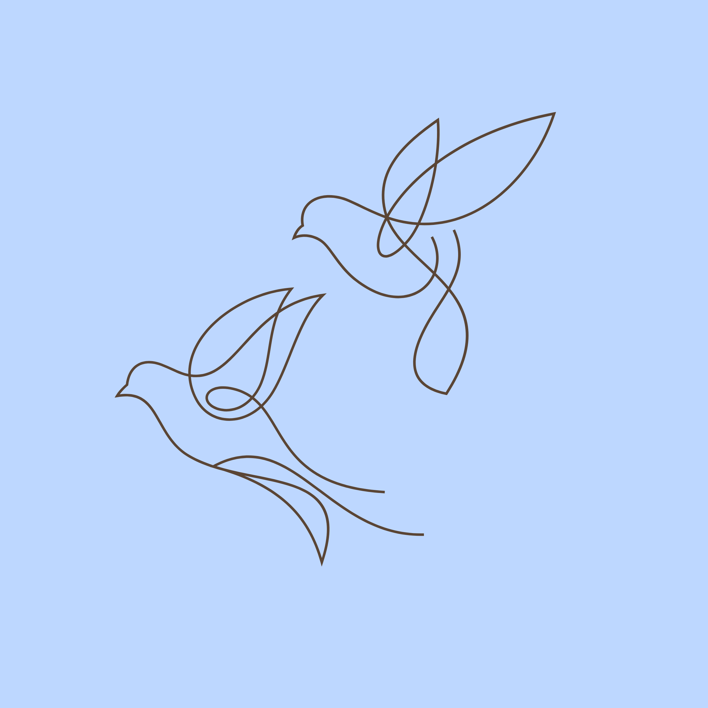 Line drawing of a bird and flowers on a light blue background.