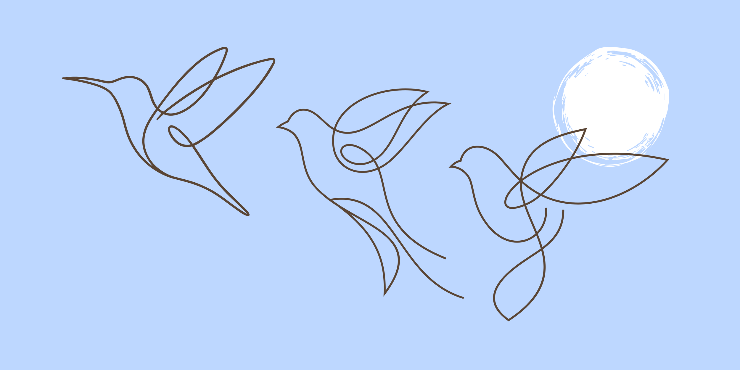 Line drawing of birds perched on a branch, with a full moon in the background, on a light blue background.