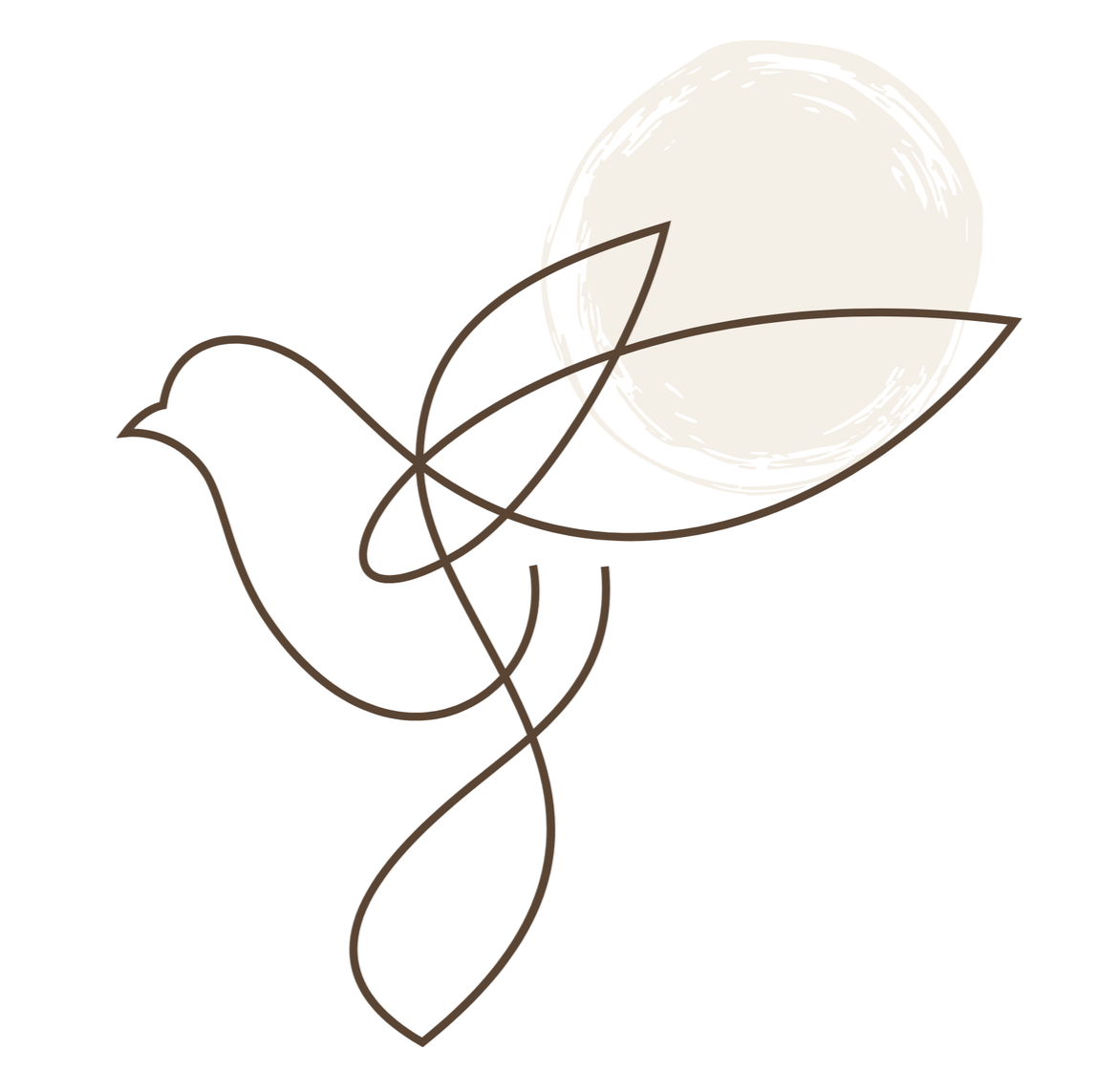 Line drawing of a dove holding a leaf with a sun in the background.