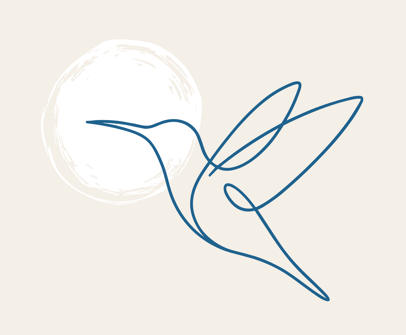 Line drawing of a hummingbird in front of a full moon on a light background.