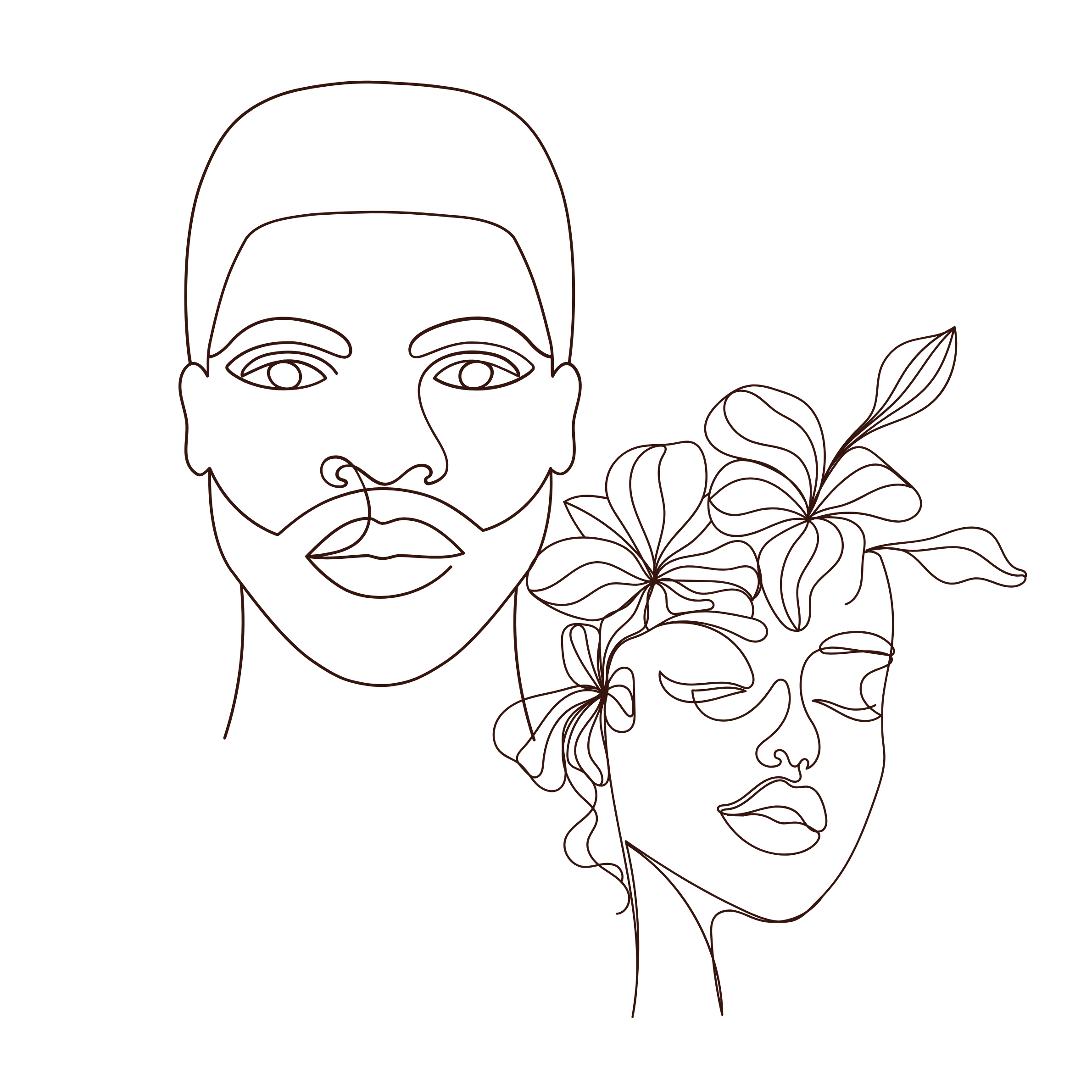 Line drawing of a woman's face with floral designs.