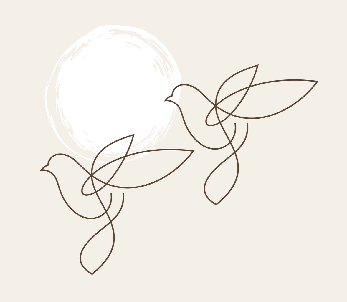 Line art drawing of two birds with leaves and a large circle in the background.