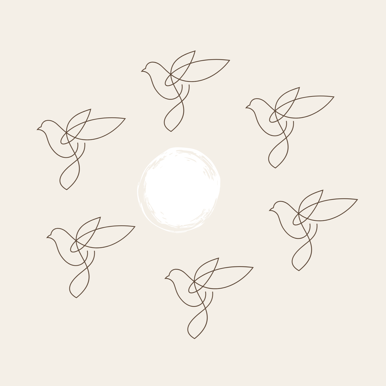 Five line-drawn birds flying around a white circular shape on a beige background.