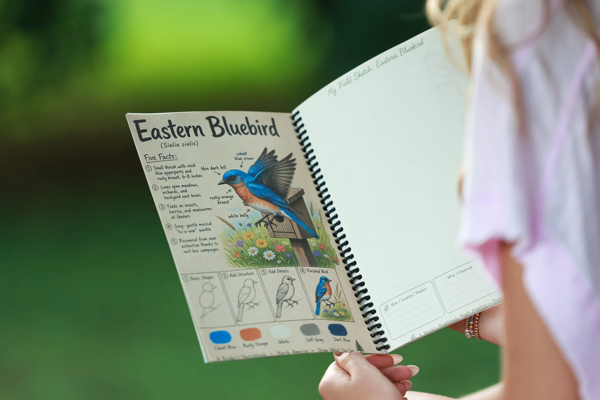 "Open Birder's Sketchbook page featuring Eastern Bluebird with fun facts, anatomy diagram, and coloring section"
