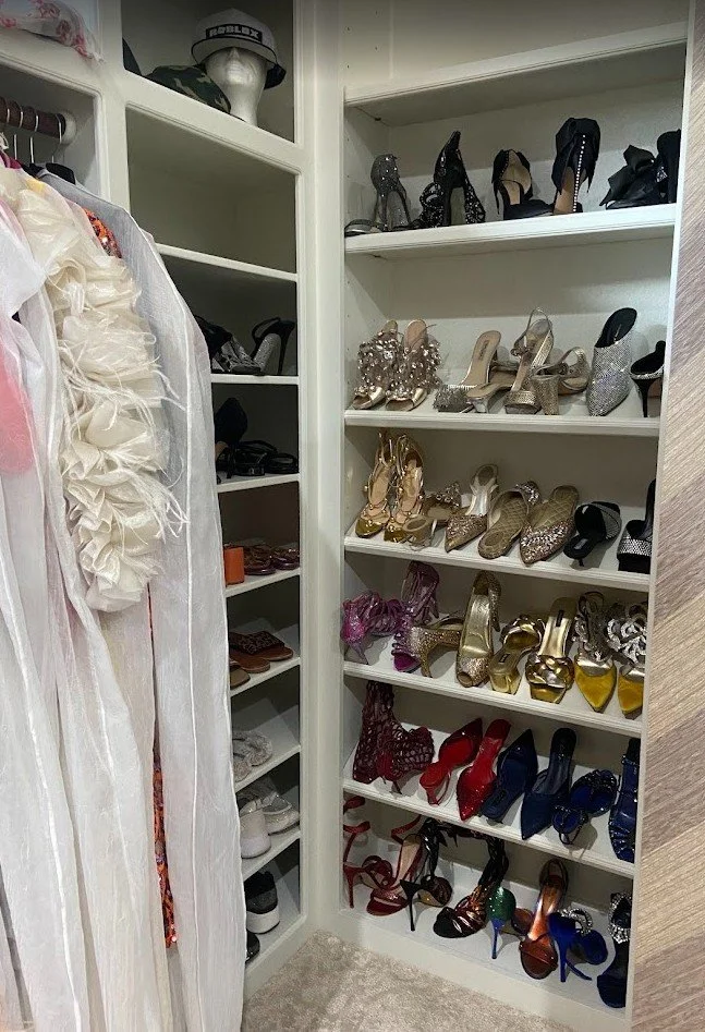 shoe storage in a luxury closet located in High Meadow Ranch, Magnolia, TX