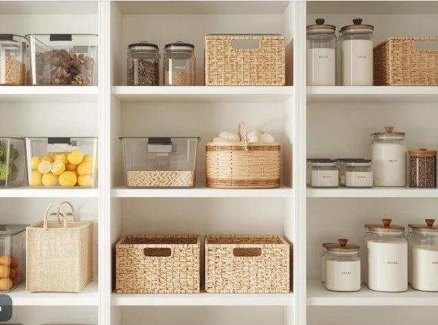 Professionally organized kitchen pantry shelves containing glass jars, wicker baskets, and storage containers filled with food items.