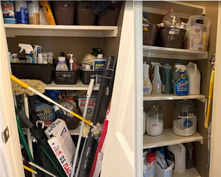 Laundry room closet before and after photo of re-zoned shelves containing cleaning products located in Montgomery, TX
