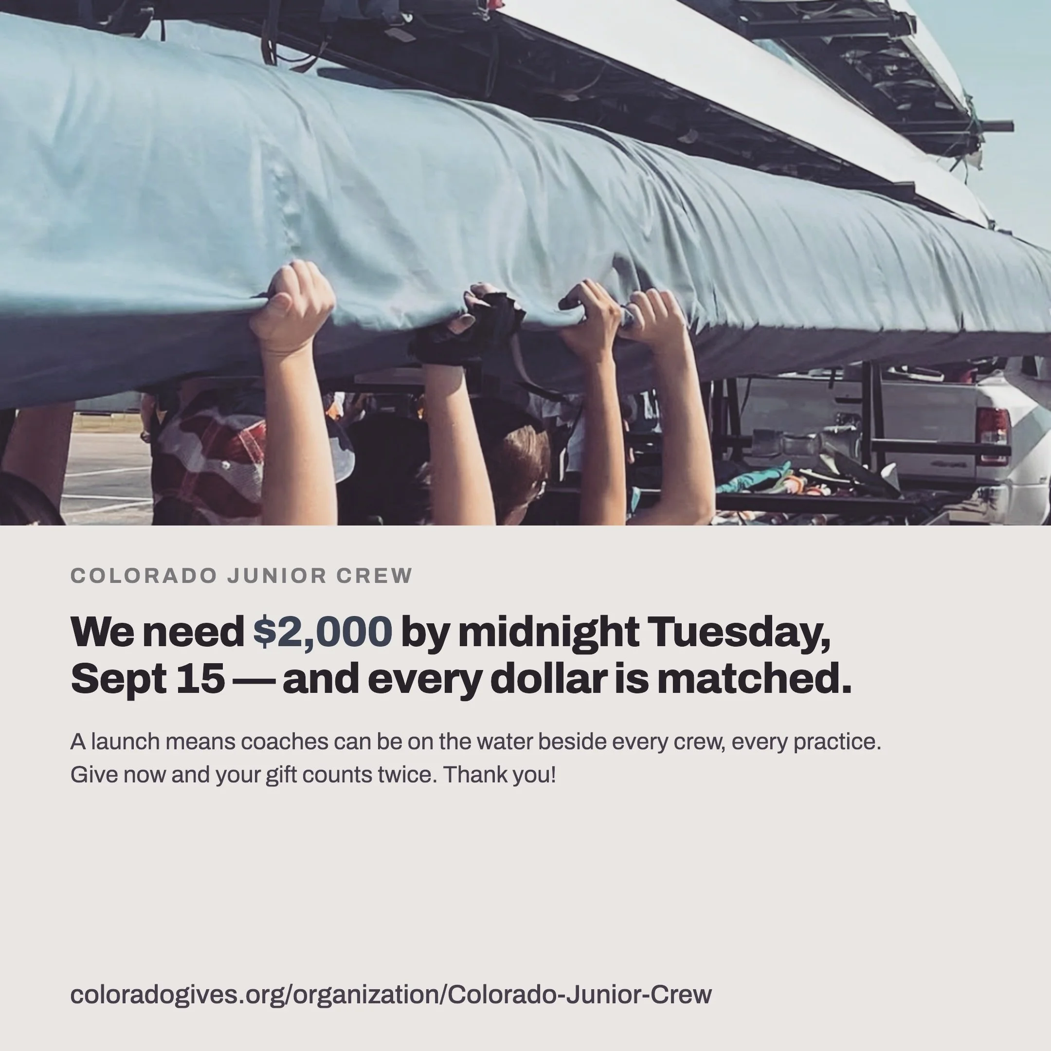 We need $2,000 by midnight Tuesday, Sept 15 &mdash; and every dollar is matched.

A launch means our coaches can be on the water beside every crew, every practice. Safer rows, better coaching, more athletes getting real time improvements.

Your gift 