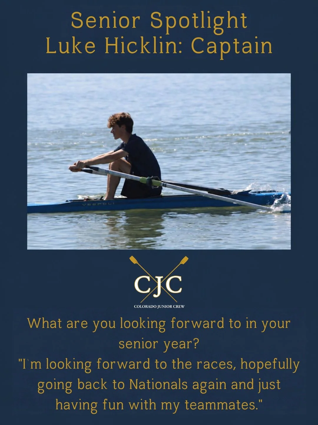Check out our first Senior Spotlight, our team captain Luke. Luke has rowed for 3 1/2 years. His favorite workout is 6x500. He's looking forward to races this year and hoping to go back to Nationals. His future plans include studying History at colle
