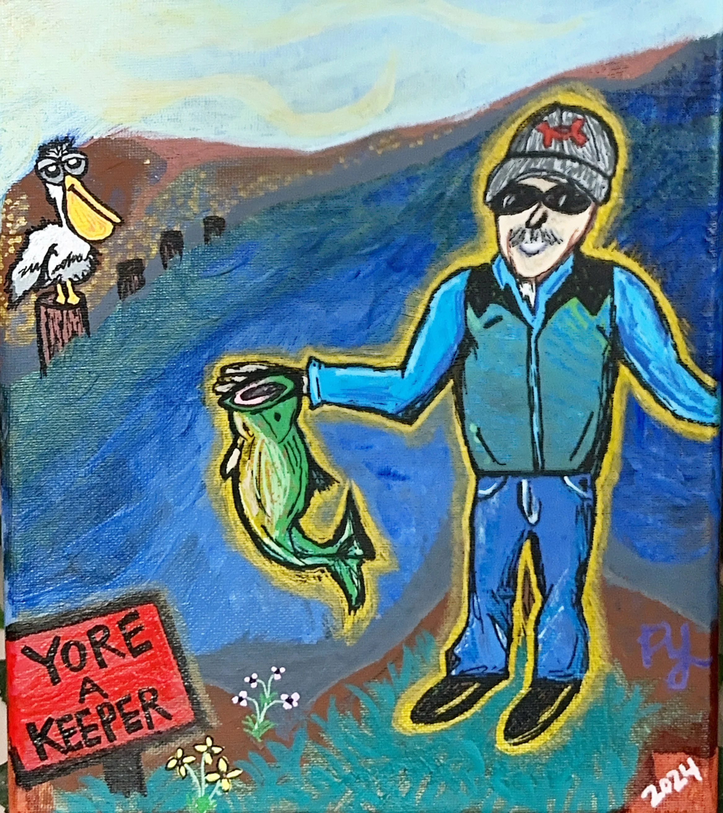 A colorful painting featuring a woman wearing sunglasses and a beanie with a red logo, holding a fishing rod with a fish. In the background, a line of birds is flying over a landscape of hills and trees, with a yellowish sky and clouds. There is a red sign that says "YORE" in the lower part of the image.