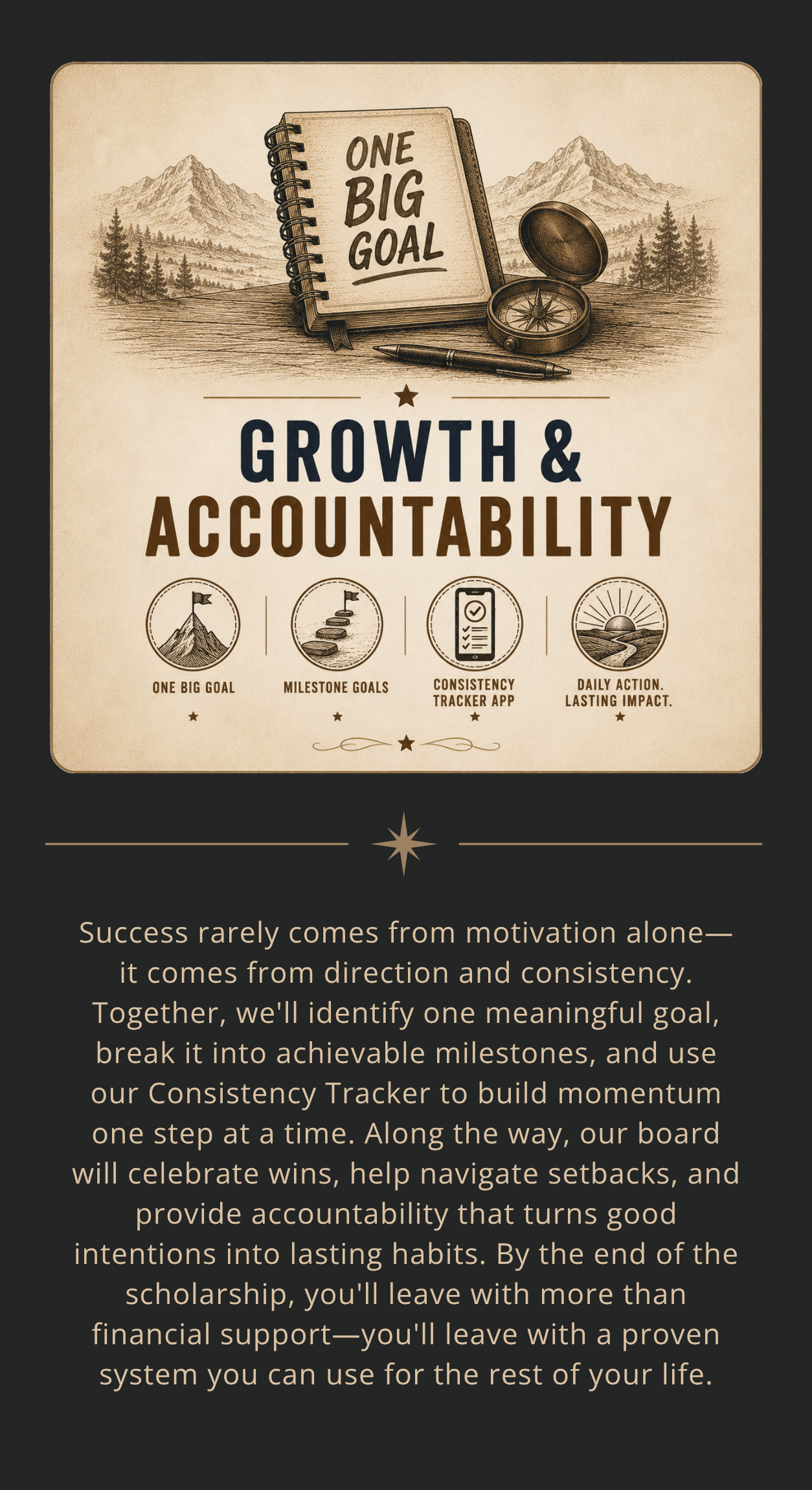 A poster with a mountain landscape background, a notebook with the words 'One Big Goal', a compass, and a pen. Text on the poster discusses growth, accountability, and setting meaningful goals with a focus on progress and persistence.