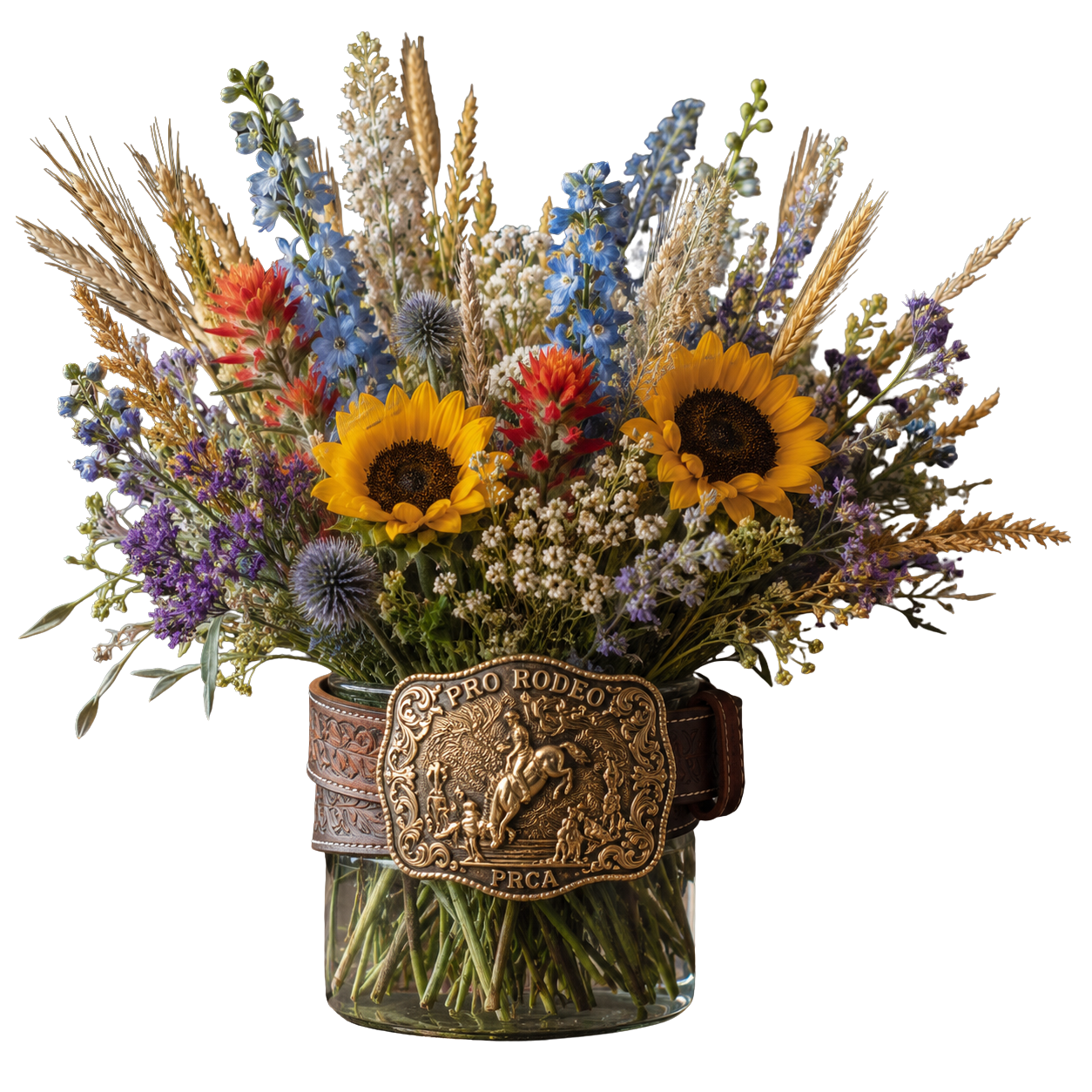 Bouquet of colorful wildflowers in a glass jar with a Pro Rodeo badge around the neck.