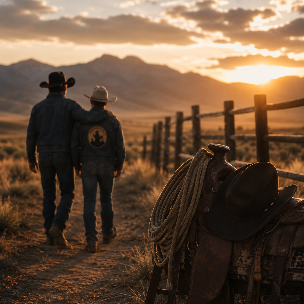 Two cowboys walking together along a rural dirt path at sunset, with mountain ranges in the background, a wooden fence on the side, and cowboy gear including a saddle, hat, and rope in the foreground.