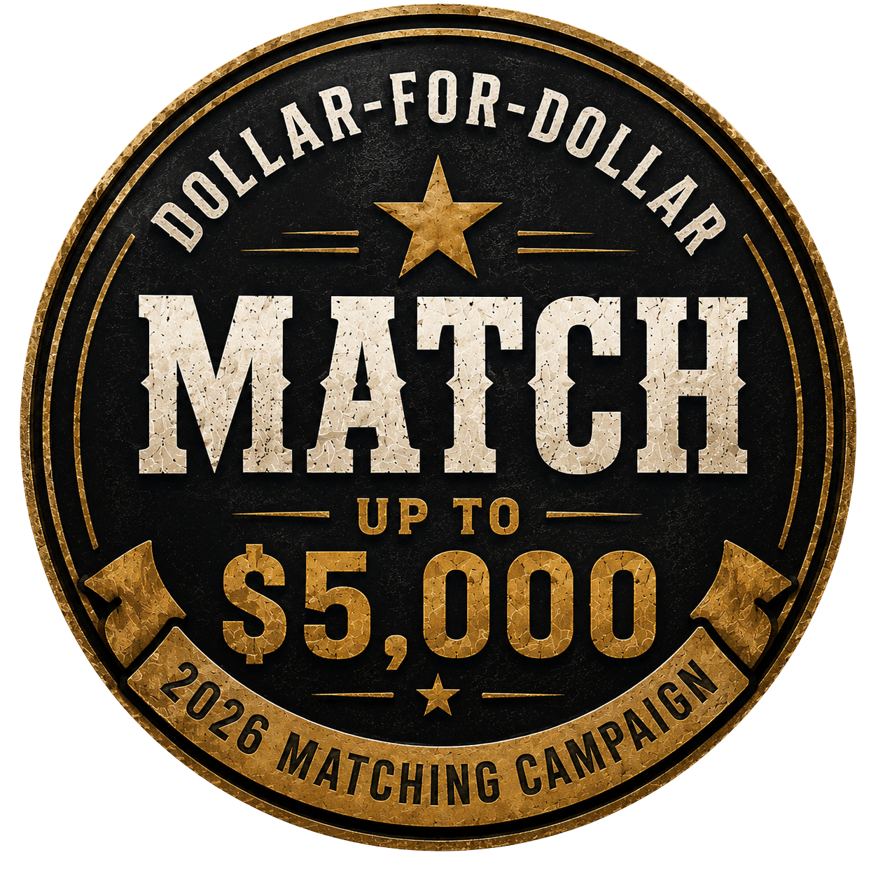 A circular badge with a black background and gold border, advertising a matching campaign with a prize of up to $5,000 during March, 2026.
