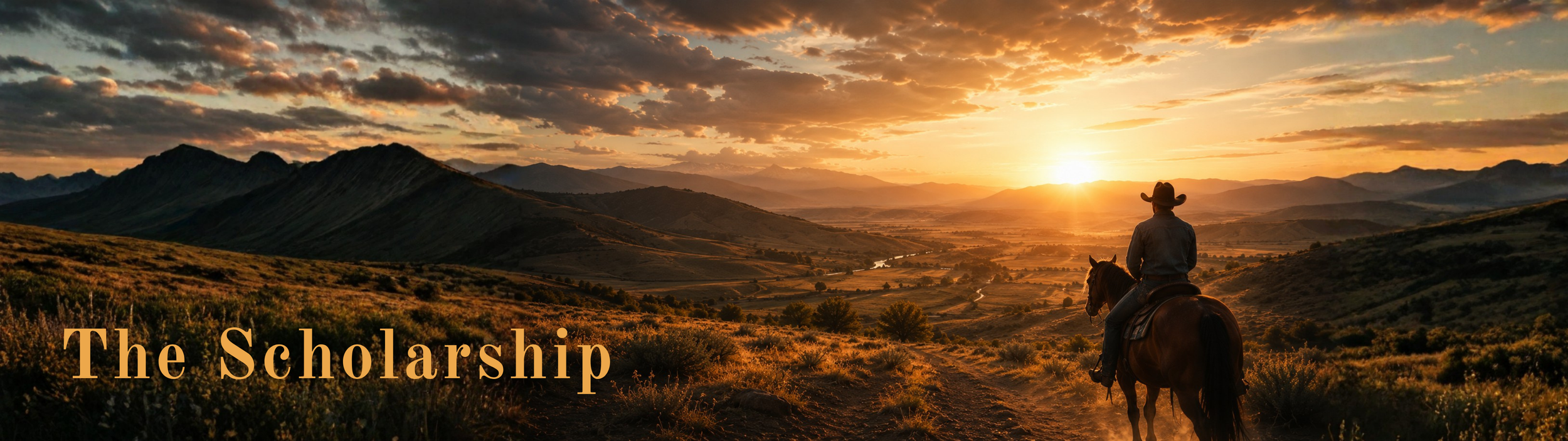 A person riding a horse on a trail through a mountain landscape during sunset, with a dramatic sky filled with clouds and warm colors, and the text 'The Scholarship' in the foreground.