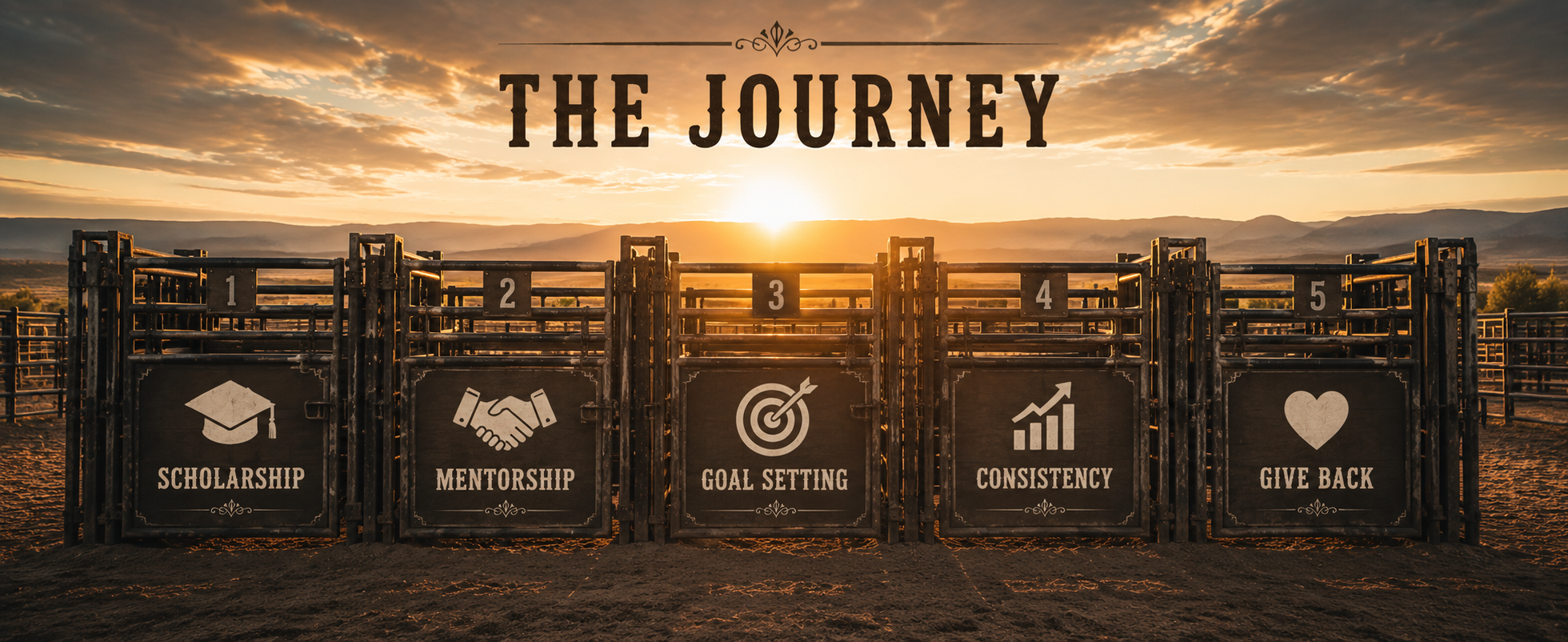 A farm arena gate with five sections labeled 1 to 5, featuring icons and words: scholarship with a graduation cap, mentorship with a handshake, goal setting with a target, consistency with an upward bar graph, and give back with a heart, against a sunset with mountains in the background.