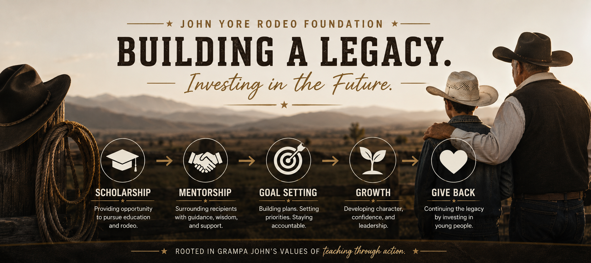 A promotional graphic for the John Yore Rodeo Foundation with a western landscape background. Features an image of an older man and a boy in cowboy hats, with icons and text about scholarship, mentorship, goal setting, growth, and giving back.