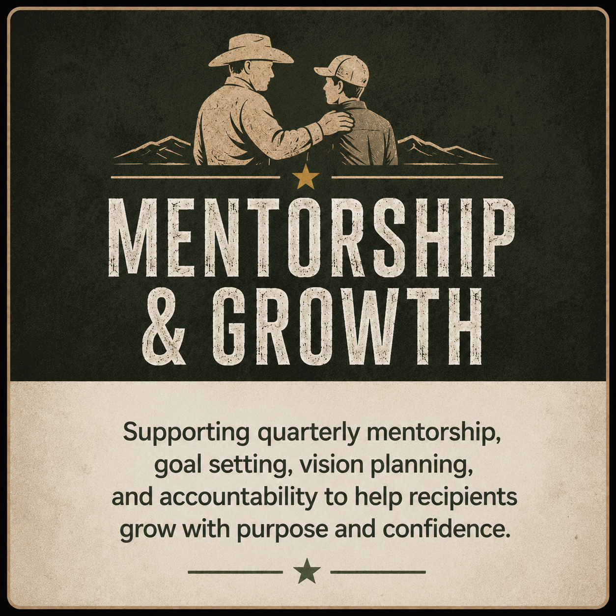 Poster promoting mentorship and growth with an illustration of an adult and a young individual, mountain background, and supporting text about quarterly mentorship, goal setting, vision planning, and accountability.