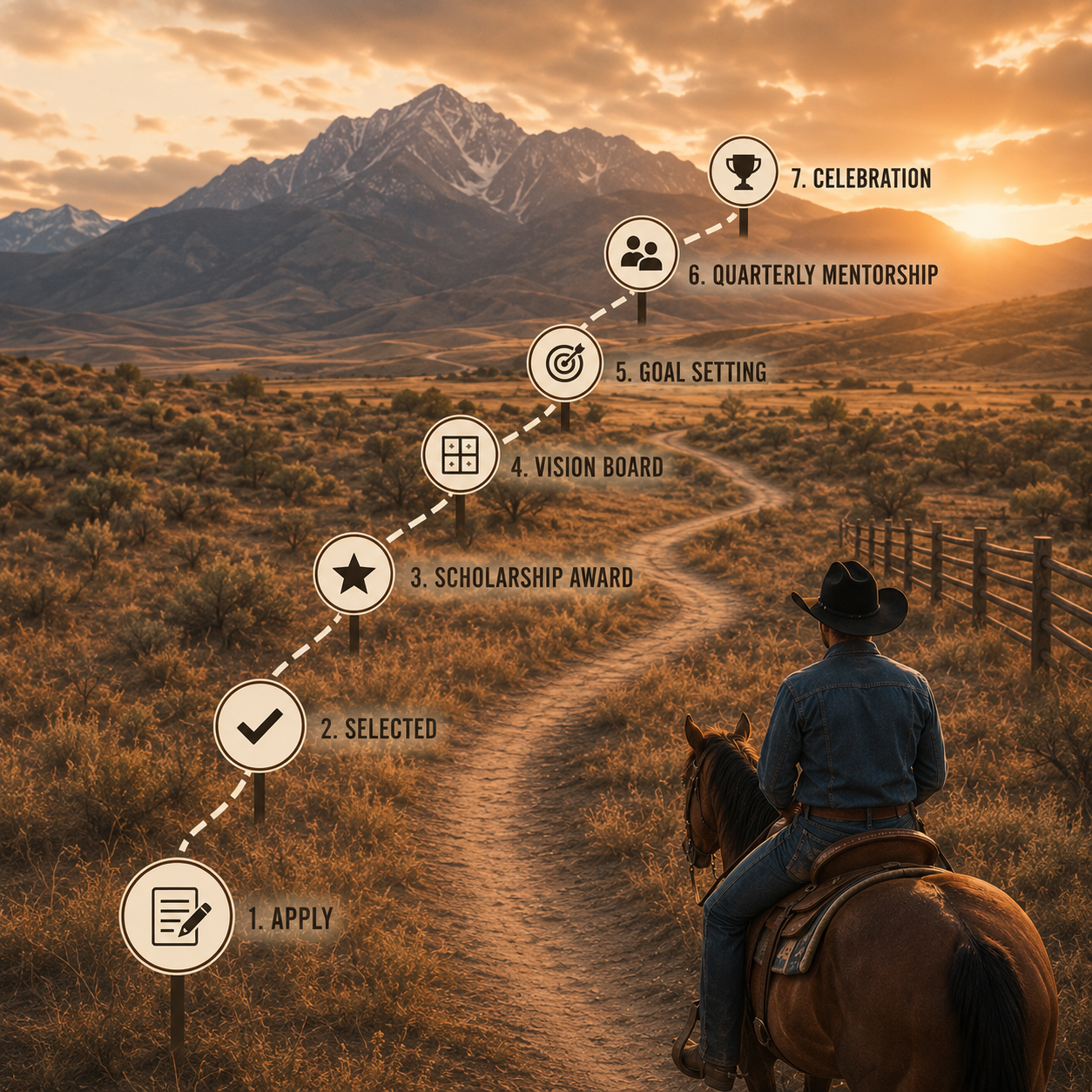 A person riding a horse on a trail with a mountainous landscape at sunset. Overlaid are steps marked with icons and titles, illustrating a process from applying to celebration, including applying, being selected, receiving a scholarship, creating a vision board, setting goals, quarterly mentorship, and celebrating.