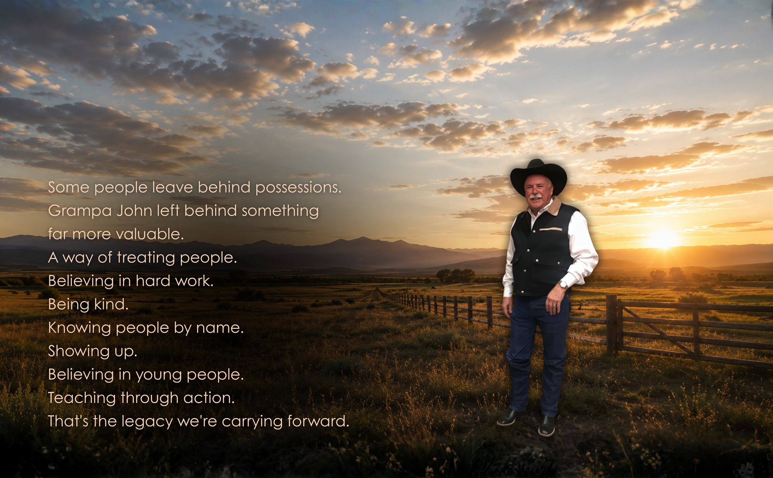 A man in Western attire standing outdoors during sunset with a scenic mountain landscape in the background, accompanied by a quote about leaving behind possessions and valuing people.