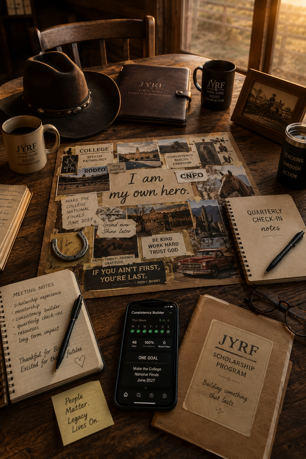 A wooden table with various items including a cowboy hat, mugs, a framed picture, a notebook, a smartphone, and a collage of inspirational photos and quotes related to college, rodeo, and personal goals. The collage has a central note saying 'I am my own hero' and notes about college finals and making a difference.
