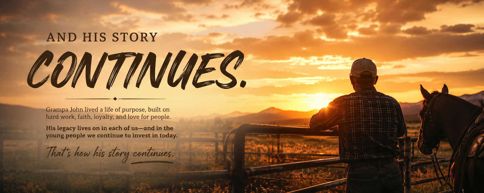 A man in a plaid shirt and baseball cap watching the sunset over a rural landscape with mountains, a horse, and a fence.