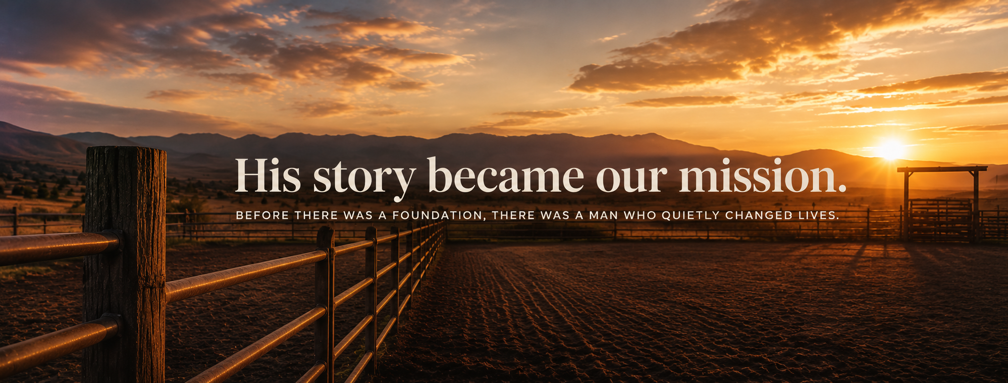 A scenic sunset over a rural landscape with mountains in the distance and a fence in the foreground, with an inspirational quote about a man's story and its impact.