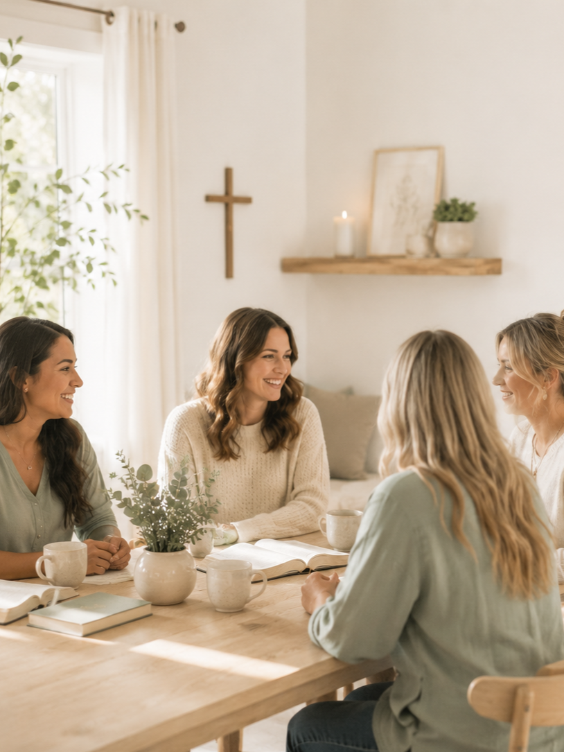 Four women sitting around a wooden table, engaging in conversation and smiling in a bright, cozy room with white walls, a cross on the wall, a shelf with a candle, a plant, and a framed picture.