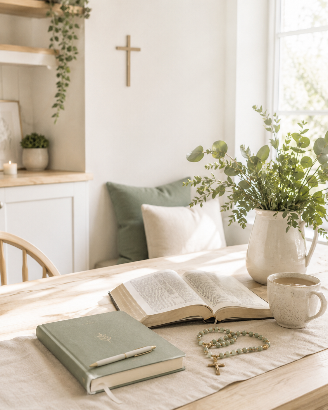 A cozy, sunlit dining table with an open Bible, a closed green journal with a pen, rosary beads, a mug of coffee, and a large white vase with green foliage. In the background, there are cushions on a seating area, a cross on the wall, and a window letting in natural light.