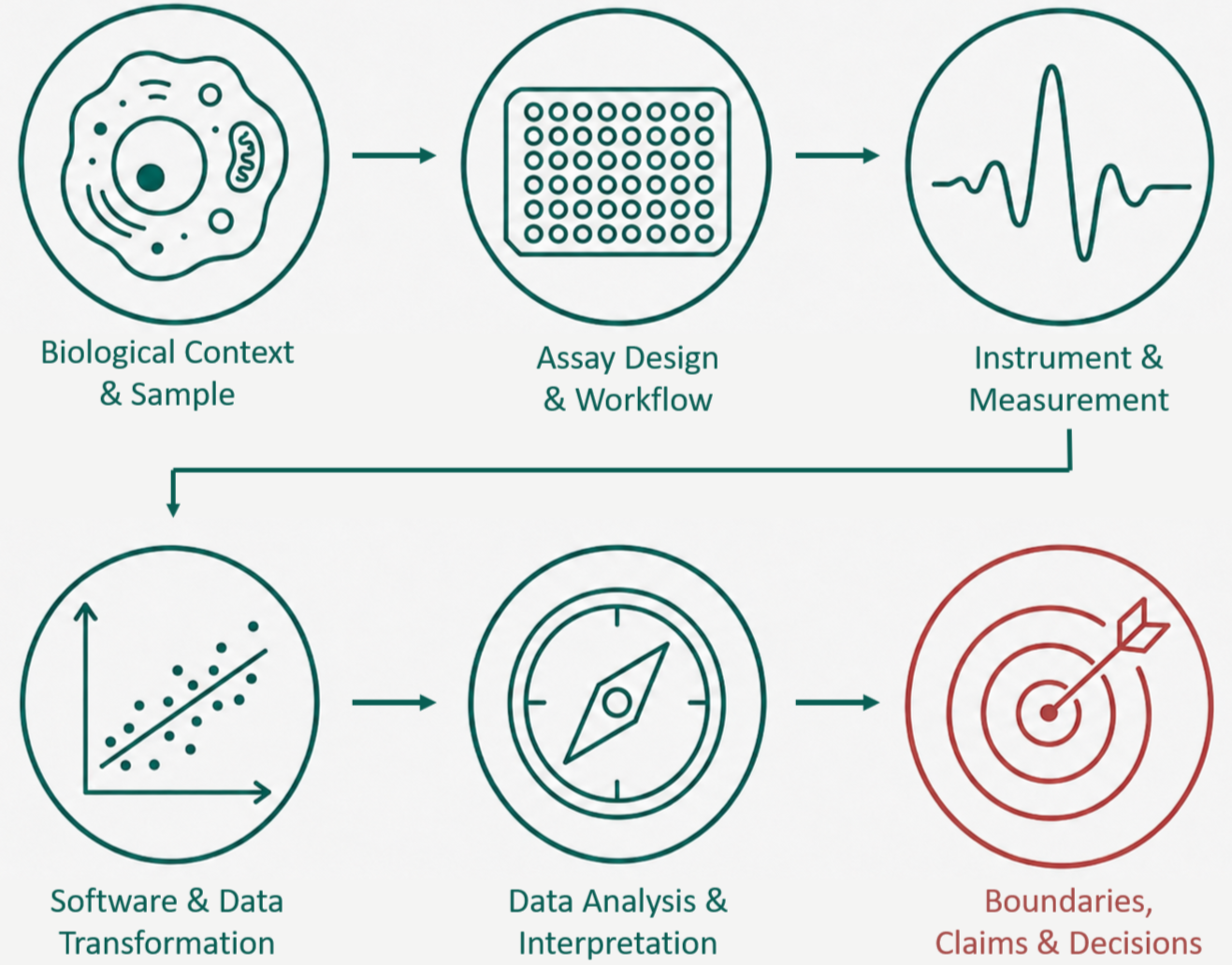 Biological context, workflow, measurement technology, software, and interpretation are interconnected; each can affect what the resulting evidence legitimately supports.
