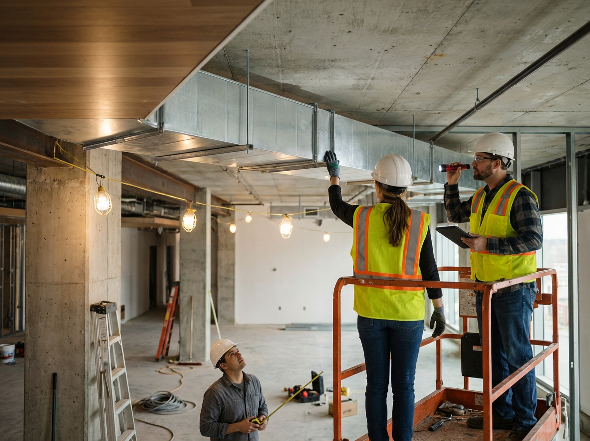Two construction workers, a woman and a man, wearing safety helmets and vests, are inspecting ductwork in a building under construction. The woman holds a flashlight and points at the duct, while the man uses a flashlight and holds a tablet. A third worker with a helmet looks up at the same duct. Construction equipment and tools are visible around them.