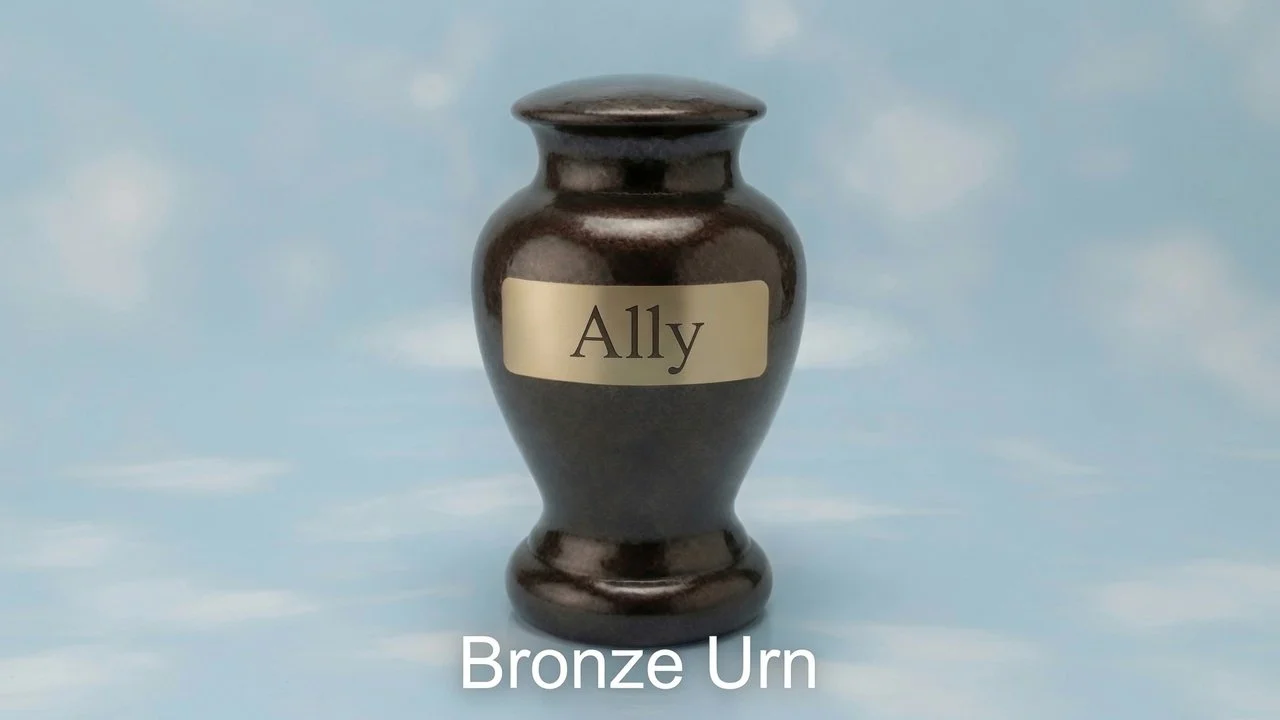 A bronze urn with a label that says 'Ally' against a cloudy sky background.